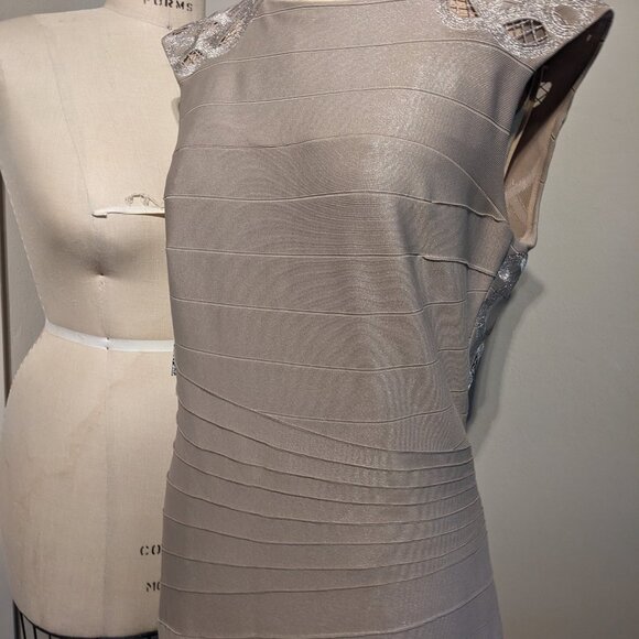 NWT Kay Unger 12 Bandage Stretch Lace Back Long Dress Mother Bride Formal Beige - Picture 8 of 8